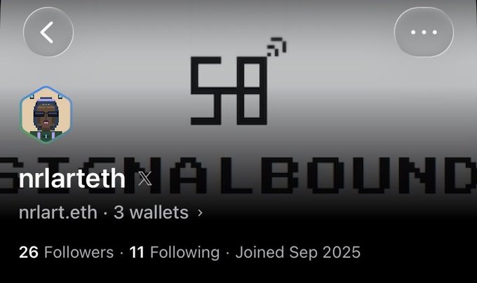 A profile screenshot of the 'nrlart.eth' account showing 3 wallets, 26 followers, 11 following, and 'Joined Sep 2025' against a pixelated 'HALBOUND' background.