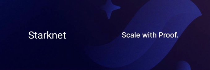 A dark blue Starknet graphic reads “Starknet” and “Scale with Proof.”