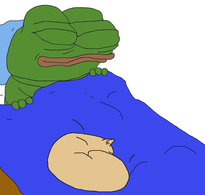 A green frog-like character leans over a blue blanket to look at a sleeping cat curled up on it. The cozy scene fits the "GN LEGENDS" theme by evoking a wholesome, memorable bedtime moment between two beloved characters.