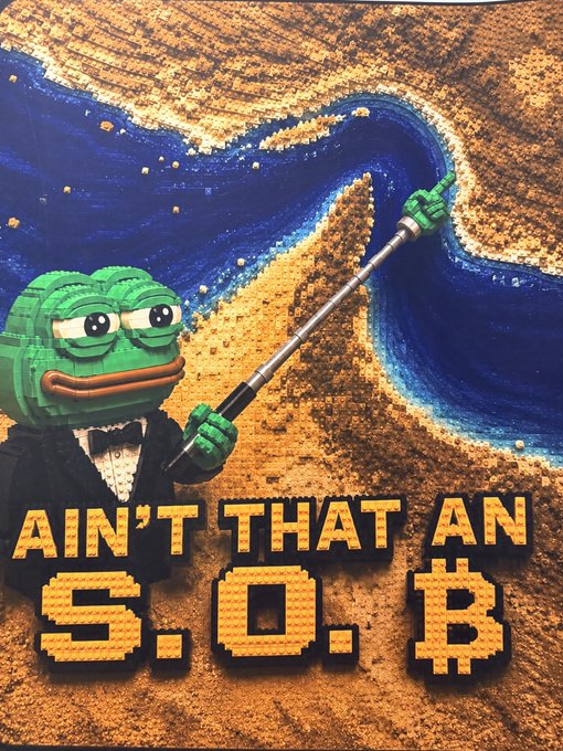 A parody of the famous "This is fine" meme featuring a Pepe frog in a tuxedo pointing at a swirling Bitcoin logo, with text reading "AIN'T THAT AN S.O.B.".