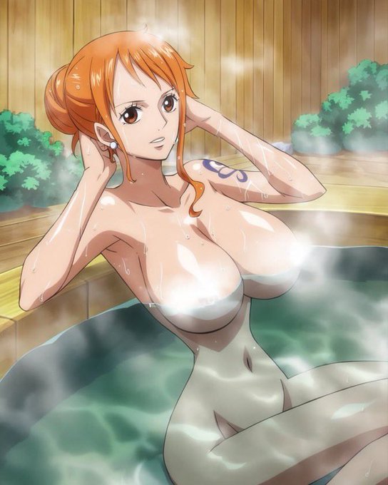 The artwork shows Nami, the orange-haired navigator from One Piece, soaking in a steamy wooden bath, which ties into the post's "Gm" (good morning) greeting and her iconic association with oranges.