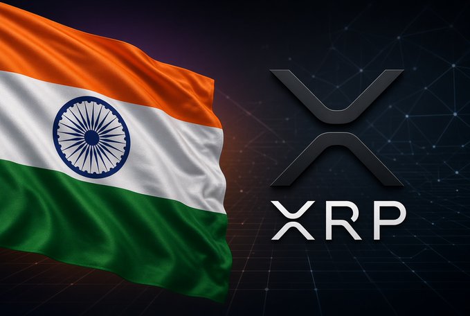 An image combining the waving flag of India with the XRP cryptocurrency logo on a dark, networked background.
