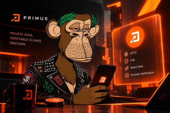 A promotional image for Primus featuring a stylized monkey character in a leather jacket with a laurel wreath, looking at a smartphone, set against a cyberpunk backdrop. Text reads 'PRIMUS', 'PRIVATE DATA. VERIFIABLE CLAIMS. ONCHAIN.', alongside features like 'zkTLS', 'FHE', 'Web2 Data', and 'Onchain Verification'.