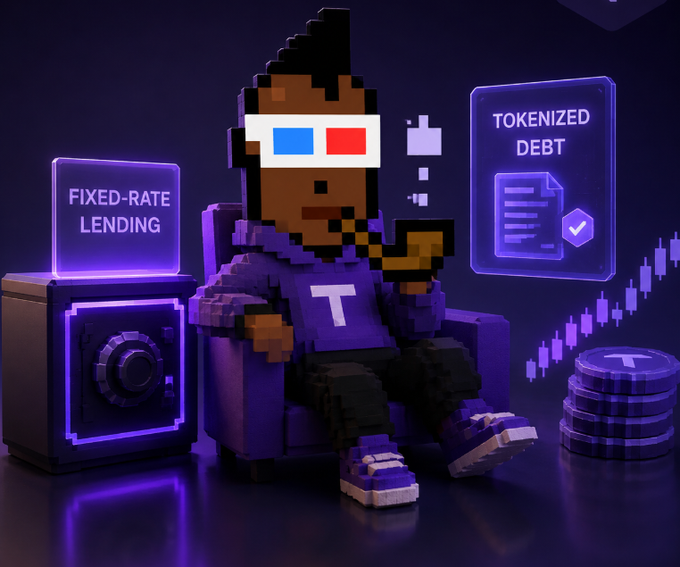 A pixel art illustration shows a character with 3D glasses sitting in a chair, flanked by signs reading 'FIXED-RATE LENDING' and 'TOKENIZED DEBT', with a stack of coins bearing a 'T' symbol nearby.