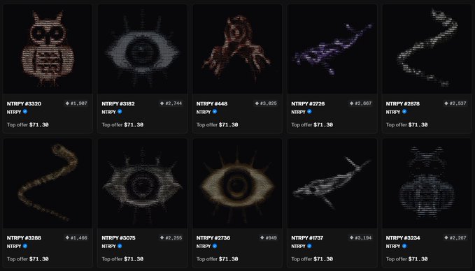 A grid of pixelated NFT artwork thumbnails on a dark background, each labeled 'NTRPY' with unique IDs, prices around $71.30, and images featuring cats, eyes, sharks, and serpents.