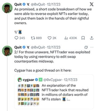 Tweet thread from Quit @0xQuit dated 12/17/23 explaining how NFTTrader was reverse exploited and how they exploited NFTs using reentrancy to edit swap counterparties midswap.