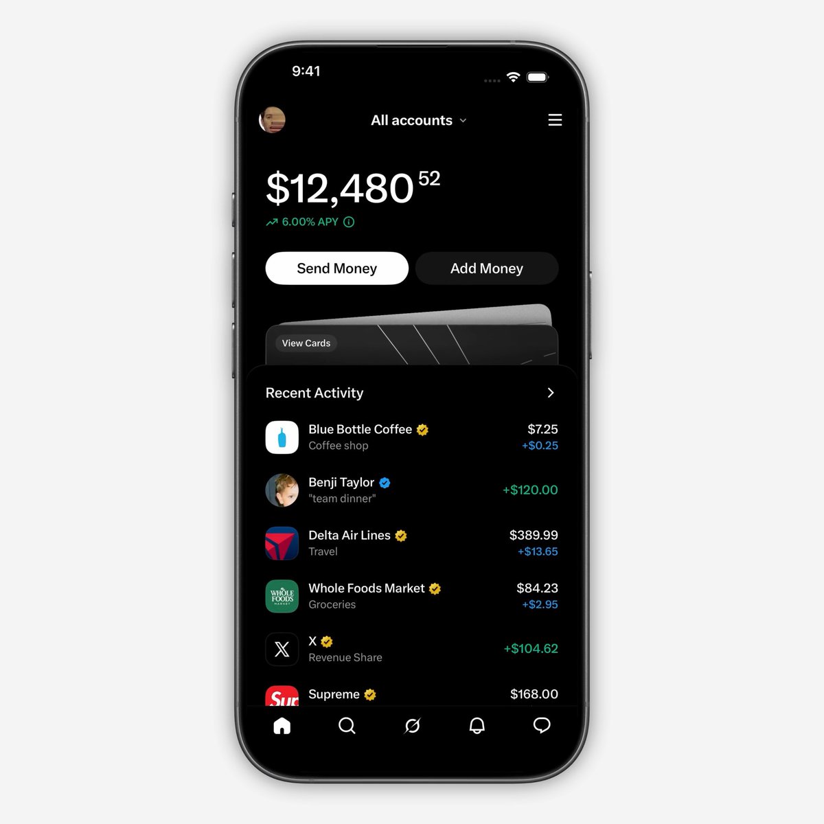 A smartphone displays a banking app showing an account balance of $12,480.52 with 6.00% APY, featuring options to Send Money or Add Money above a recent activity list including transactions at Blue Bottle Coffee, Benji Taylor, Delta Air Lines, and Whole Foods Market.