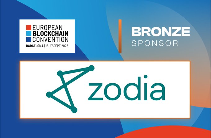A promotional banner for the European Blockchain Convention in Barcelona (16-17 Sept 2026) featuring Zodia as a Bronze Sponsor.