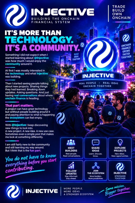 Promotional poster for Injective, a blockchain building an onchain financial system, emphasizing community and featuring tagline 'TRADE BUILD OWN ONCHAIN'.