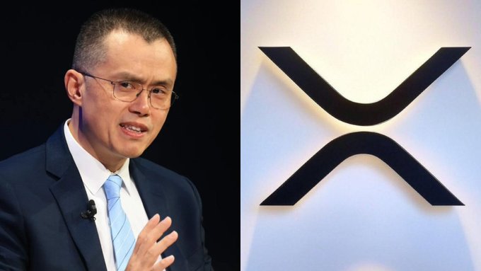 The image shows a man in a dark suit and blue tie with glasses speaking, alongside the XRP cryptocurrency logo (the stylized "X" symbol). This relates to the post about Binance distributing $800,000 worth of XRP tokens to eligible holders, connecting the XRP brand identity to the announcement of its token distribution.
