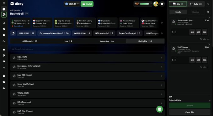 A screenshot of the 'dicey' sports betting platform showing a Basketball section with various leagues including NBA (USA), Euroleague (International), WNBA (USA), and NBL (Australia), with a bet slip on the right side.