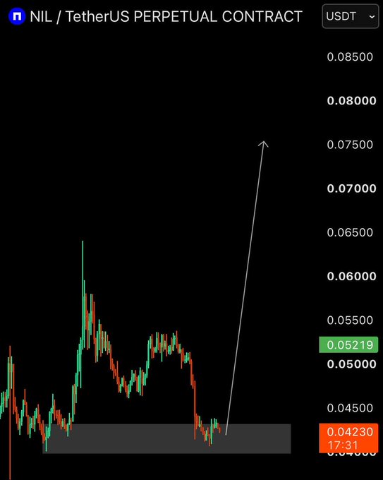 A cryptocurrency trading chart showing the NIL / TetherUS PERPETUAL CONTRACT with a significant upward arrow projection from around 0.04500 toward 0.07500, with the current price marked at 0.05219.