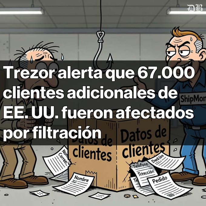A Spanish-language meme/cartoon from MH with text 'Trezor alerta que 67.000 clientes adicionales de EE. UU. fueron afectados por filtración', depicting two cartoon characters next to boxes labeled 'Datos de clientes'.