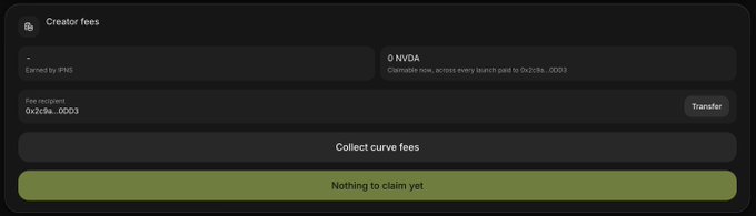 A dark-themed interface panel titled 'Creator fees' showing '0 NVIDA' earned by PNS with claimable fee recipient '0x2c8a...0003' and a green button reading 'Nothing to claim yet'.