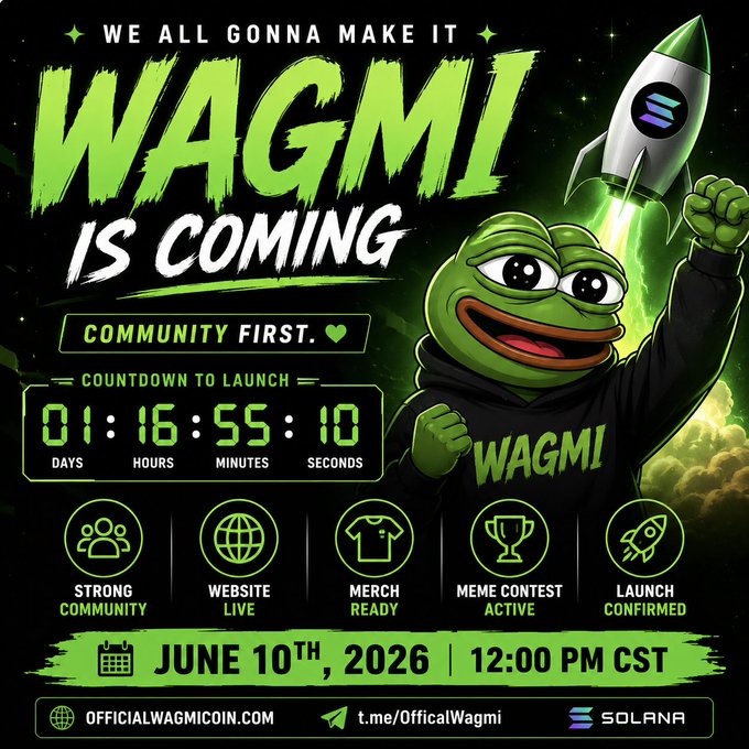 The image features a poster for a gaming event called "WAGMI Is Coming". It showcases a cartoon character, likely a frog or a monster, holding up a rocket ship with the words "WAGMI" written above it. The poster also includes details about the event and its launch date, as well as some social media handles to follow. The main focus of the image is on the rocket ship and the character, drawing attention to the gaming theme of the upcoming event.