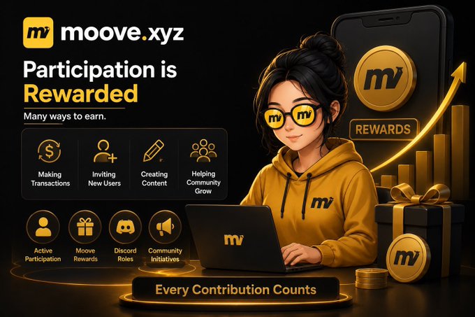 A promotional graphic for moove.xyz titled 'Participation is Rewarded,' featuring an illustrated woman in a yellow hoodie with MV-branded glasses, listing various ways to earn rewards like making transactions, inviting users, and creating content.