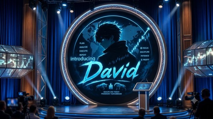 A dramatic stage reveal showcases an anime-style character portrait within a glowing circular display, prominently featuring the name "David" along with trading-related keywords like "PLAN," "ANALYZE," "EXECUTE," "REPEAT," "FOCUS," "DISCIPLINE," "PATIENCE," and "SPIRIT." The cinematic blue-lit setup with cameras and an audience mirrors the post's tribute to subscriber @TRADEWITH_DAVID, celebrating his disciplined trading mindset and transparent sharing of both wins and lessons.
