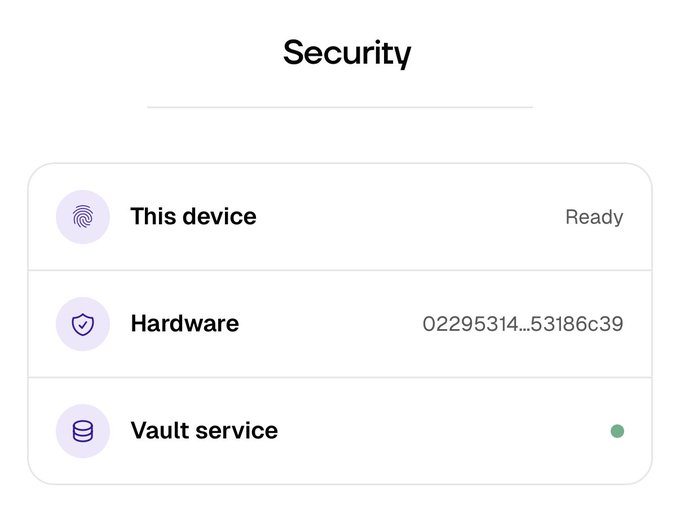 A Security settings screen showing 'This device' as Ready, a Hardware identifier '02295314...53186c39', and a Vault service with an active status indicator.