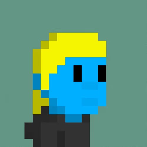A pixel art style portrait of a blue-skinned character with yellow hair and black rectangular eyes, wearing a black shirt against a teal background, resembling a Cryptopunk-style digital avatar.