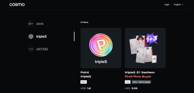 A Cosmo NFT marketplace interface showing 49 items, featuring 'Point tripleS' priced at USD 1.6 and 'tripleS S1 SeoYeon First-Time Buyer' priced at USD 3.29, with other collections listed including idntt and ARTMS.