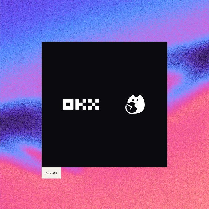 OKX and Pieverse logos displayed on a black square against a vibrant purple and pink gradient background, with "okx.ai" text in the corner, representing their new partnership aimed at simplifying agent interaction on OKX's AI platform.