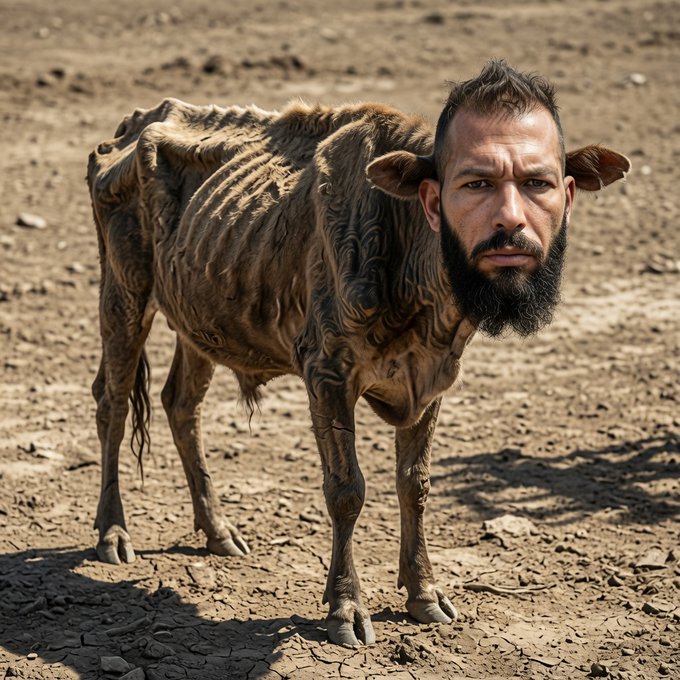 A gaunt, skeletal bull with a bearded man's face stands on cracked, dry earth, embodying the "starving bull" meme referenced in the post. The emaciated figure humorously illustrates the desperate, drought-like market conditions the sender is alluding to while greeting RuneCrypto.