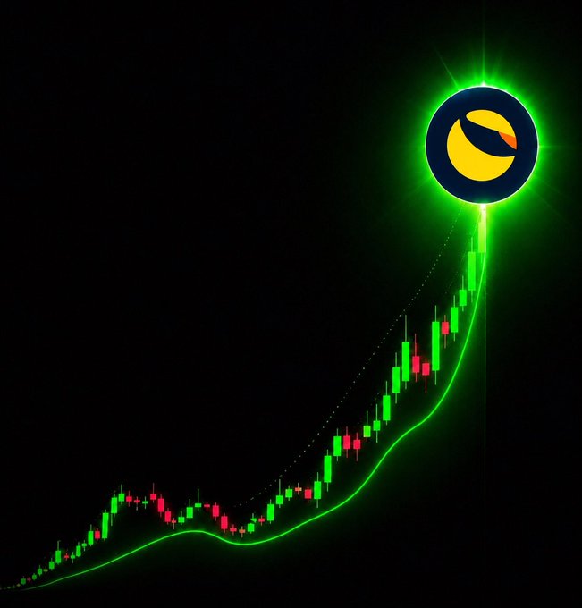 A glowing candlestick chart trends sharply upward in bright green against a black background, topped with the LUNC (Terra Luna Classic) logo radiating a green halo—visually reinforcing the optimistic "$LUNC to $1" rally goal.