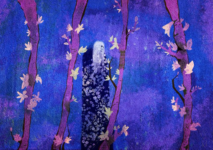 A textured, stylized painting in blue and purple tones depicts a long-haired figure surrounded by glowing flowers and tall, slender tree trunks.