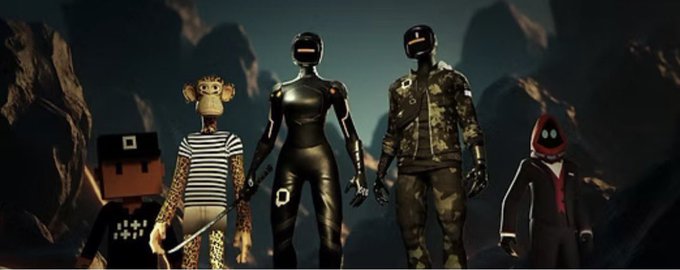 A group of five diverse 3D avatar characters standing in a rocky, mountainous landscape, including figures resembling a Minecraft character, a monkey, a black robotic figure, a camouflage-clad person, and a figure in a suit.
