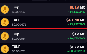 A screenshot showing cryptocurrency listings for 'Tulip' and 'TULIP' tokens with massive market cap gains of 14,811.24%, 13,237.79%, 16,476.70%, and 30,766.91%.