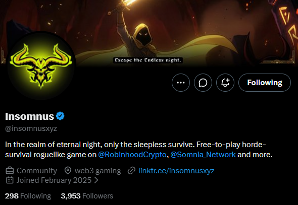 A Twitter/X profile for 'Insomnus' (@insomnusxyz), a free-to-play horde-survival roguelike game on Robinhood Crypto, Somnia Network and more, with 298 following and 3,953 followers, featuring a hooded character banner saying 'Escape the Endless night.'