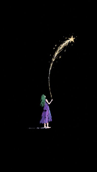 A minimalist anime-style illustration features a girl with long green hair in a purple dress holding a wand that shoots a sparkling golden star into a dark, starry sky.