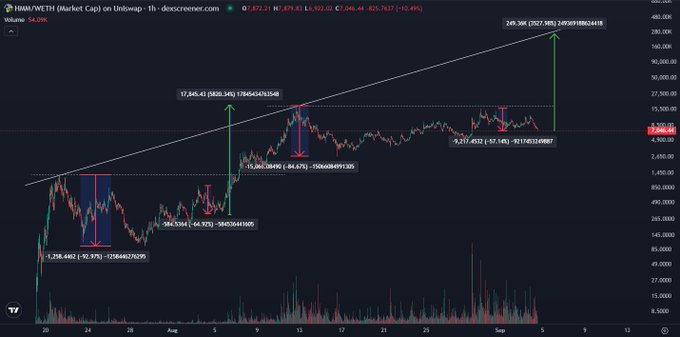 A TradingView 1-hour candlestick chart of HMM/WETH showing a strong uptrend with a rising trendline, displaying key price levels including 17,845.43 and a projected target of 249.30K, with the current price highlighted at $822.24 (+25.44% volume). The chart's bullish technical pattern with ascending support aligns with the poster's call for a "generational entry opportunity" in HMM, positioning it as a top-performing token on the Robinhood Chain launchpad.