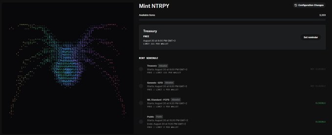 The image shows a "Mint NTRPY" interface on Magic Eden displaying a collection with 3,383 available items, including a "Treasury" item being set on sale, and a Mint Schedule listing mints for Treasury, Genosis-GTD, WL Standard-FCFS, and Public categories.

The post expresses regret for the confusion, as the user assumed the NTRPY whitelist was guaranteed (GTD) when it was actually first-come-first-served (FCFS), which the image's schedule confirms by explicitly labeling the WL Standard mint as "FCFS."