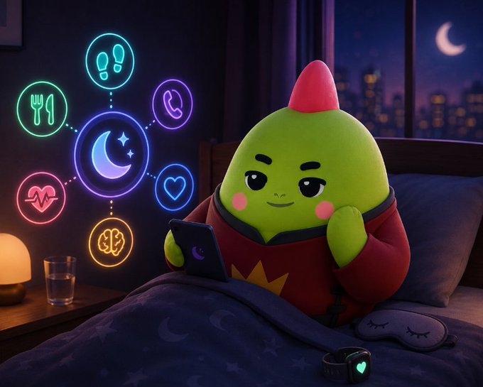 A green, egg-shaped character with a red crown sits in bed at night holding a phone, surrounded by glowing neon icons representing footsteps, heart rate, food, brain, phone, and moon/sleep metrics—visually capturing the irony of tracking every health metric except sleep itself, which is highlighted by the moon icon at the center of the dashboard.