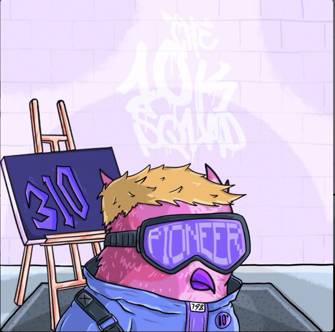 A pink furry character wearing "PIONEER" ski goggles and a jacket labeled "788" and "10" stands in front of an easel displaying "3.10" in graffiti, with "THE 10K SQUAD" tagged on the wall behind—celebrating their new membership in the NFT collection and shoutout from @ChopstickLife.