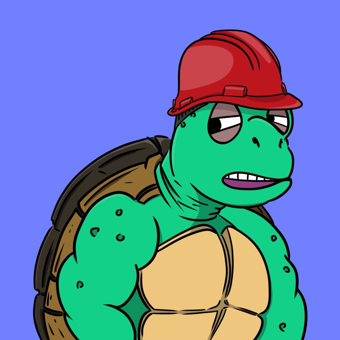 A cartoon illustration of a muscular green turtle with a skeptical expression, wearing a red hard hat and carrying a brown shell against a solid blue background.