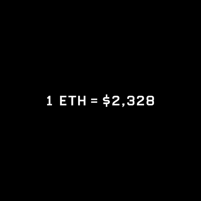 A black screen displaying the cryptocurrency exchange rate '1 ETH = $2,328' in white text.