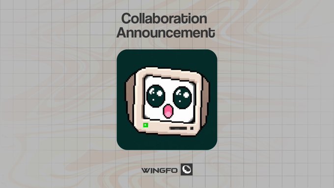 Pixel art of a wide-eyed computer monitor kitten with the text "Collaboration Announcement" above and "WINGFO" branding below, promoting a free mint of 3,333 CryptoKitties on Hyperliquid in partnership with KittiesonHyper.