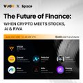 The image features a poster with a black background, white text, and various logos for different companies such as VooX, RWA, and AI. The poster also includes a list of logos representing different cryptocurrencies like Bitcoin, Ripple, and Ethereum. The main focus of the poster is to discuss how the future of finance is converging into a new market structure with the help of these emerging technologies in the crypto space.