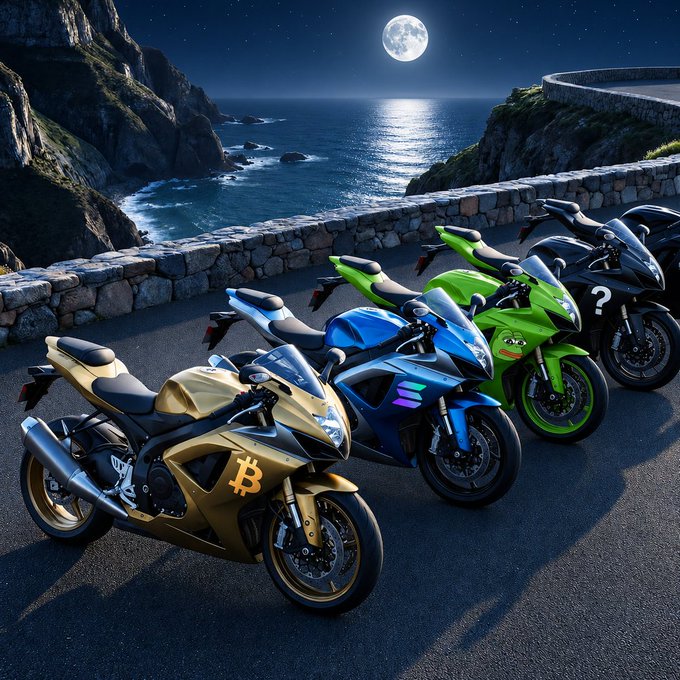 A lineup of four sportbikes in gold, blue, green, and black is parked on a moonlit coastal road, each adorned with a cryptocurrency symbol including Bitcoin (₿) and others. The post's cryptic text "Bike=162=#CAW" likely references one of the bikes in the image—possibly the gold Bitcoin-themed one—and the hashtag may hint at a crypto or trading theme tying the visuals to digital currency culture.