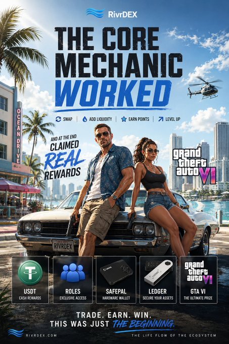 The poster advertises RivrDEX's "Core Mechanic Worked" campaign, showcasing its features—Swap, Add Liquidity, Earn Points, and Level Up—with rewards including USDT, roles, a hardware wallet, a Ledger device, and GTA VI as the grand prize. The bold "GTA VI" tag and "Trade. Earn. Win. This was just the beginning" tagline visually reinforce the post's excitement about how the season turned trading into a fun, rewarding competition rather than just routine token swaps.