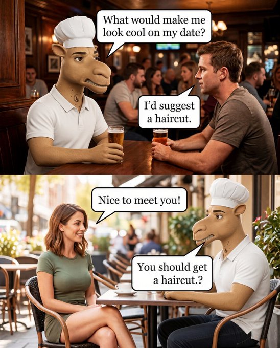 A two-panel comic strip showing a horse-headed character in a chef's hat taking dating advice from a man to get a haircut, then awkwardly following through by suggesting the same haircut to his date.