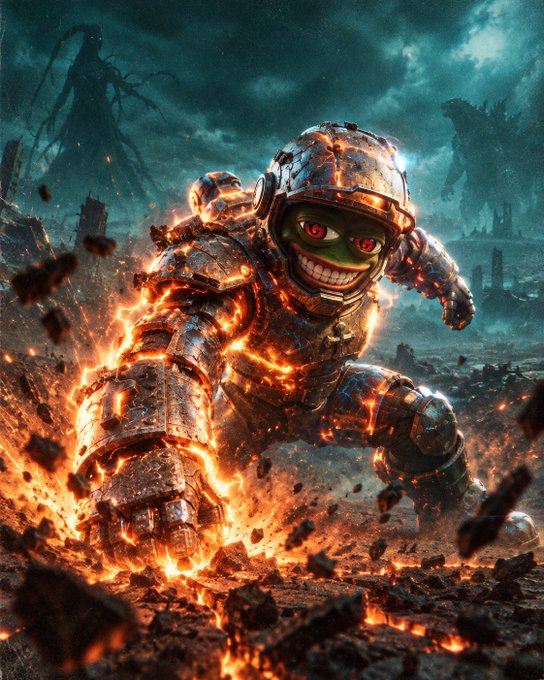 A dramatic AI-generated illustration features Kermit the Frog's face inside an armored, lava-infused robotic suit, posed aggressively on a fiery battlefield with shadowy monster figures in the background.