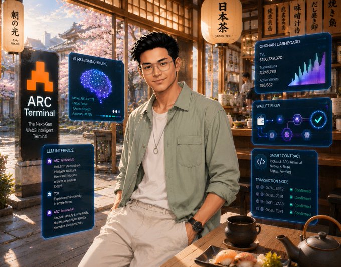 A digital illustration of a young man with glasses standing in a Japanese tea house setting, surrounded by futuristic UI panels labeled "ARC Terminal," "AI REASONING ENGINE," "ONCHAIN DASHBOARD," "WALLET FLOW," "LLM INTERFACE," and "SMART CONTRACT."