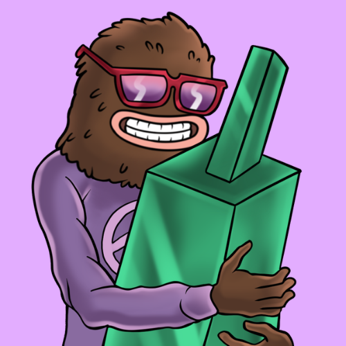 A cartoon illustration of a brown furry character wearing red dollar-sign sunglasses, smiling while hugging a large green crystal or gem against a purple background.