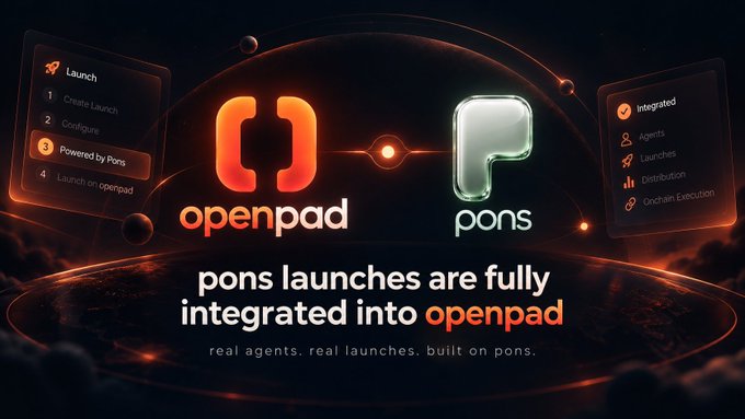 A promotional graphic for openpad and pons with the text "pons launches are fully integrated into openpad" and the tagline "real agents. real launches. built on pons."