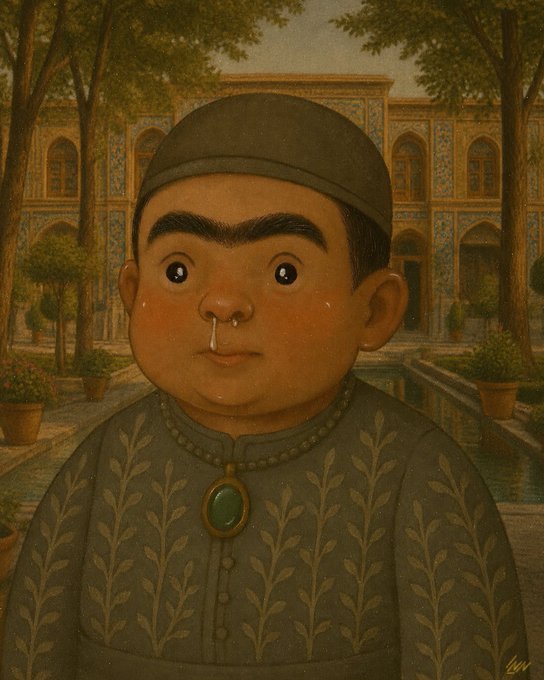 A stylized painting of a round-faced young person wearing a dark cap and ornate gray-green clothing with a green pendant, standing before a richly decorated garden building.