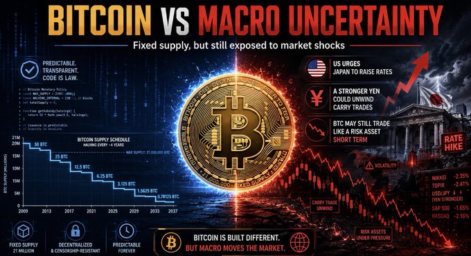 An infographic titled 'BITCOIN VS MACRO UNCERTAINTY' displays a Bitcoin coin against a split background showing supply schedule data and market volatility metrics.