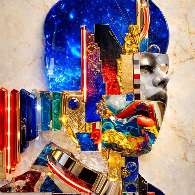 A colorful, surreal digital collage portrait of a head and shoulders, composed of various elements including a starry blue galaxy, Art Deco skyscrapers, silver metallic face features, and vibrant abstract fluid shapes.
